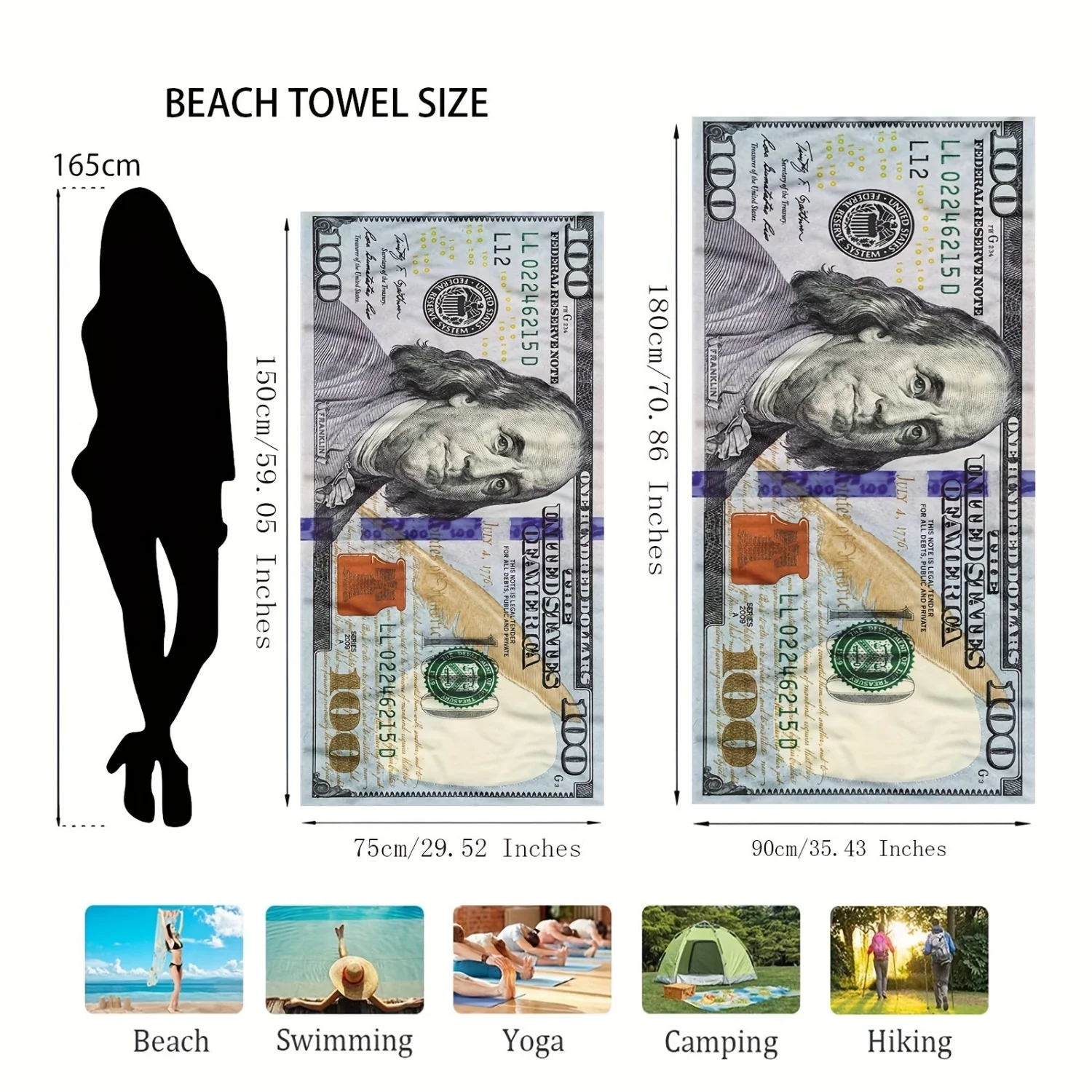 قطعة واحدة من من منشفة الشاطئ المصنوعة من الألياف الدقيقة الناعمة - خفيفة الوزن وفائقة النعومة مع تصميم لطيف بطباعة الدولار، مستطيلة - قماش سريع الجفاف