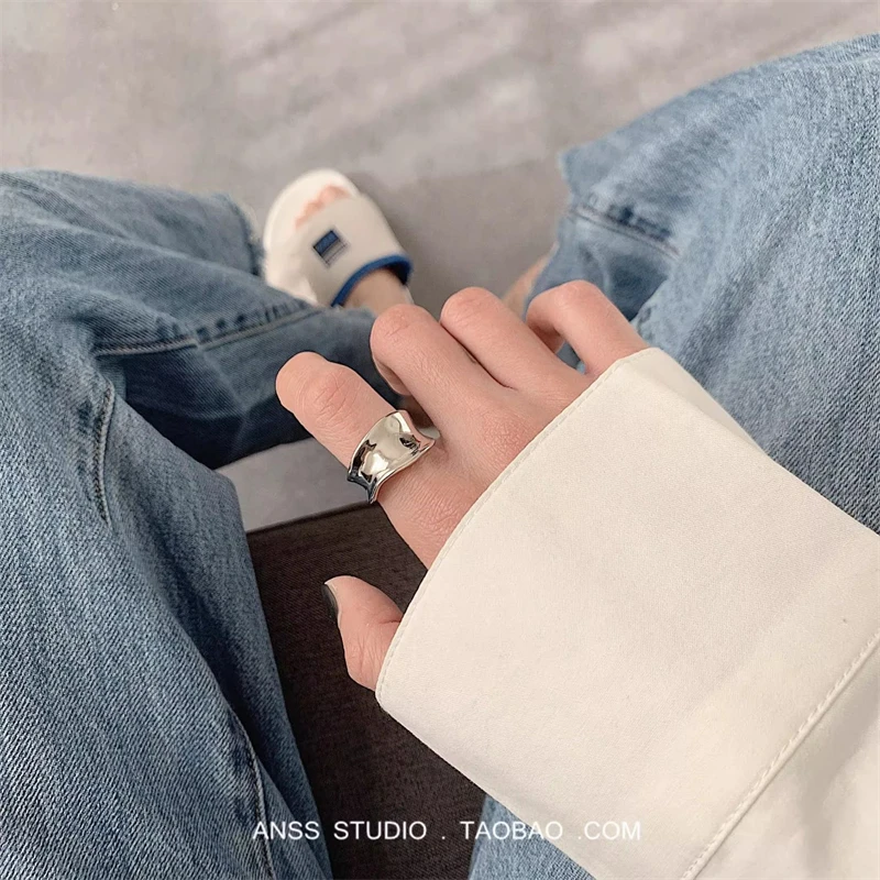 

【ANSS】Vintage Irregular Pleated Open Ring for Women Men Vintage Punk Liquid Metal Style Finger Y2K Accessories Fashion Jewelry