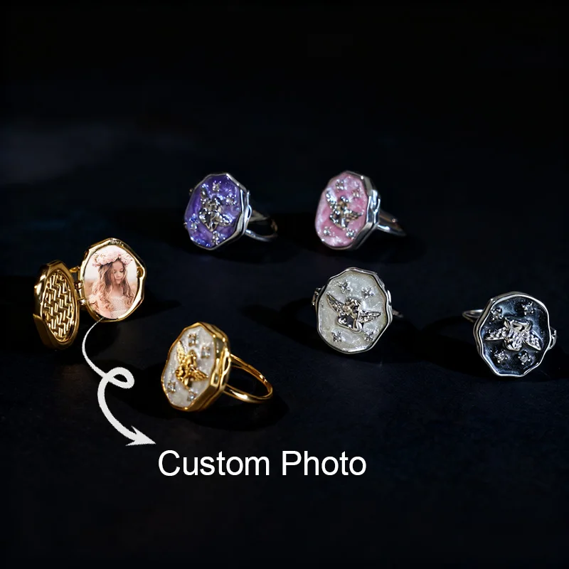 

Nextvance Vintage Custom Photo Ring Personalized Album Box Locket Angel Rings For Women Memory Jewelry Family Christmas Gifts