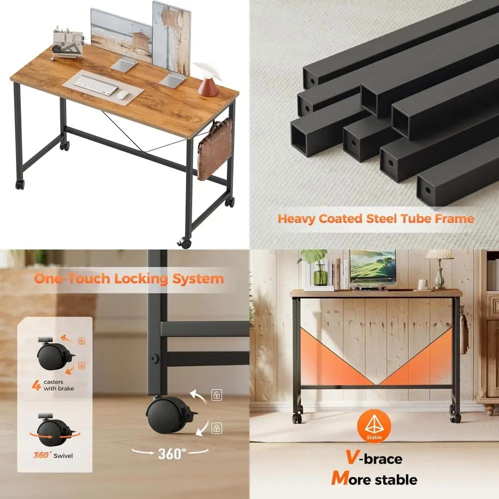 40 مكتب ألعاب حديث مع عجلات للمساحات المدمجة، طاولة مكتب منزلية أنيقة وخفيفة الوزن