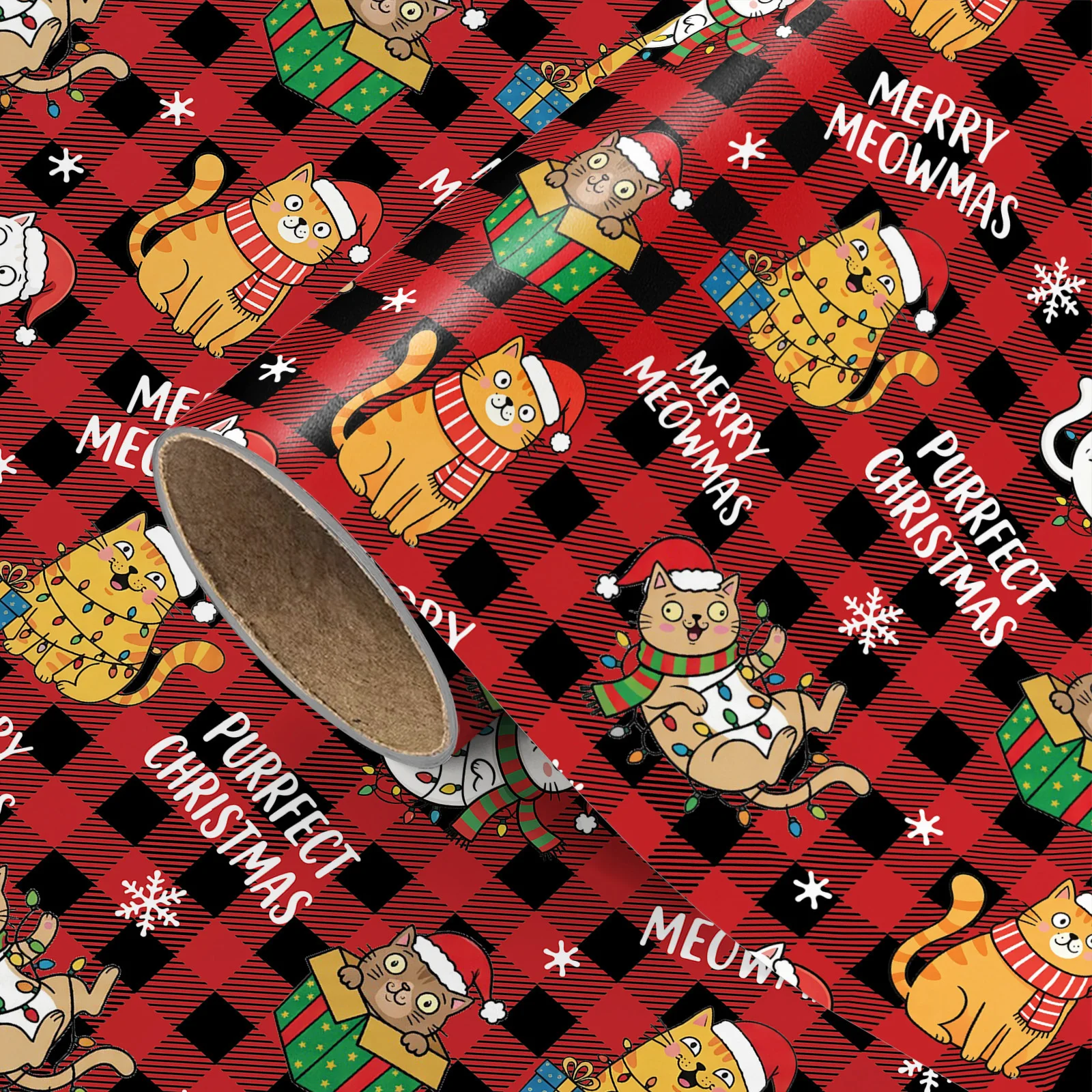 1 Roll of Fun Cat-Themed Christmas Wrapping Paper, Red and Black Plaid Christmas Cat Design, Children's Party Gift DIY Decorative Paper, 43.2cm X 300cm (17inch X 9.84 Feet)