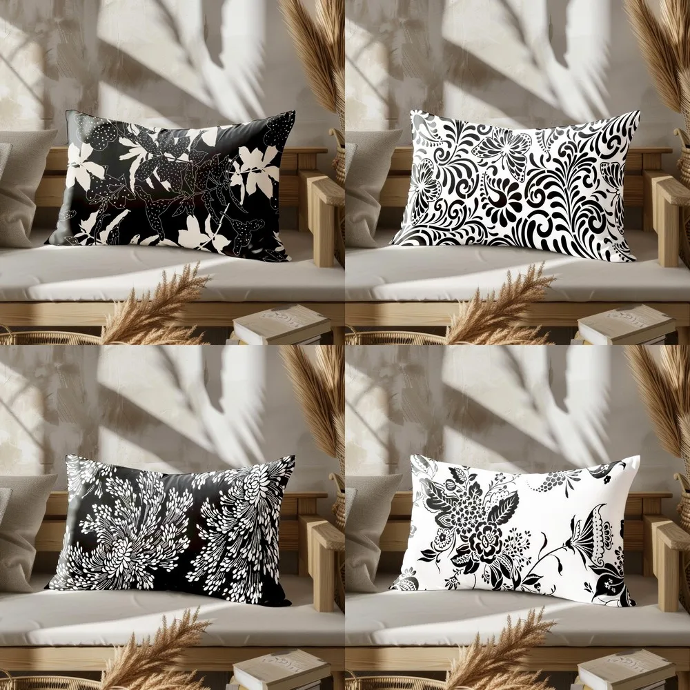 Home Decor Black & White Floral Pillowcase Suitable For Sofa Bedroom Car Pillow Cover Cushion Rectangular Back Cushion
