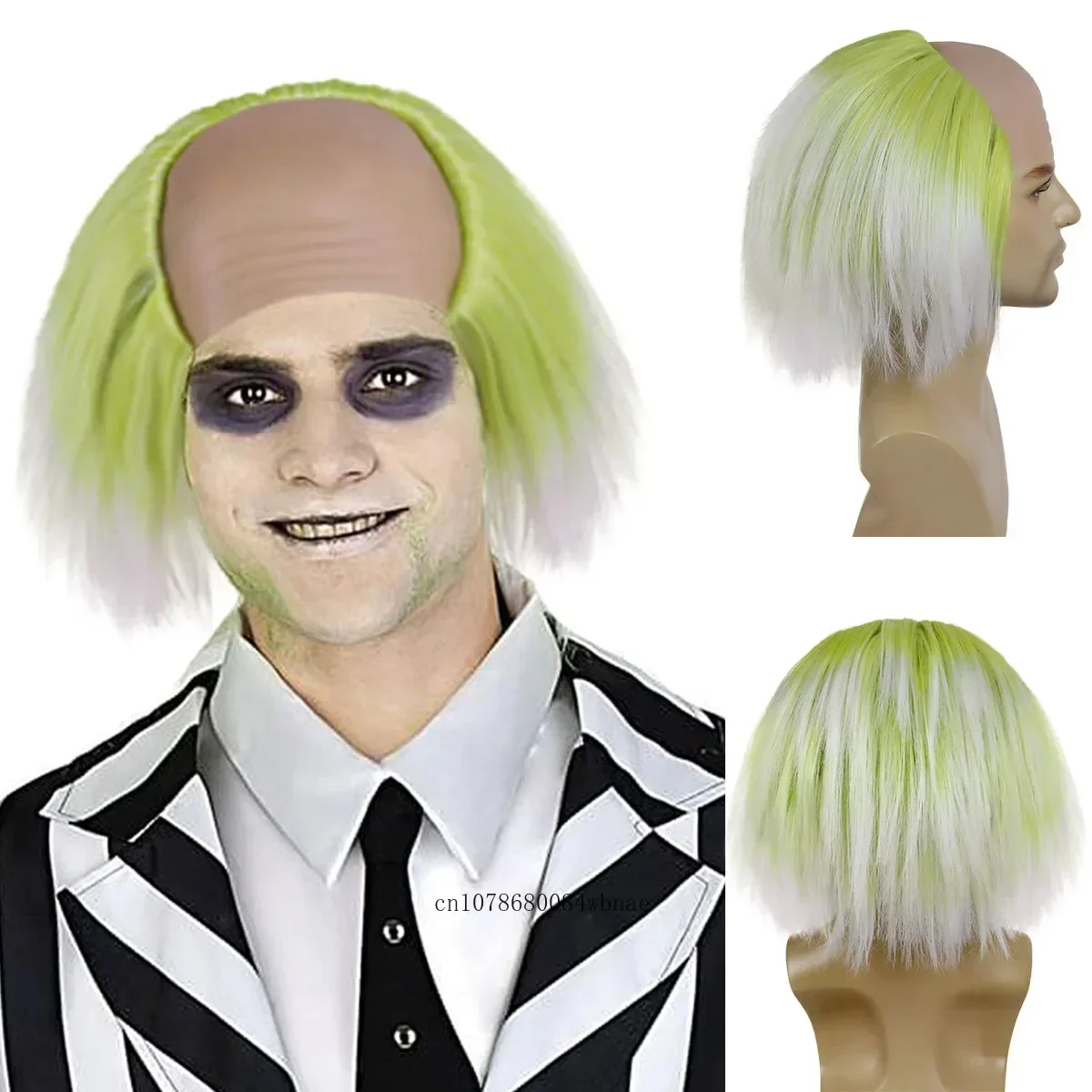 

Ombre Green Nayutal Synthetic Wigs with Bald Cap Clown Short Straight Afro Wig for Men Movie Costume Cosplay Party Halloween