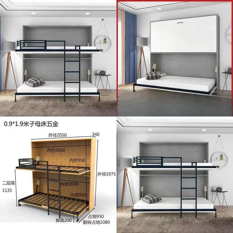 Multifunctional Double Bunk Bed for Children and Mothers Folding Upper and Lower Twin Bed with Invisible Frame