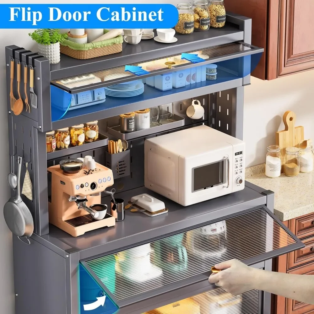 Baking Rack for Kitchen Storage, 5-Tier Microwave Rack with Flip-Door Cabinet for Kitchen Pantry, White