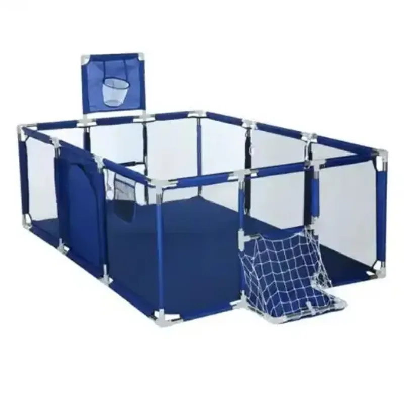 Multi-colored baby play fence with playground basketball hoop, indoor or outdoor anti-roll safety