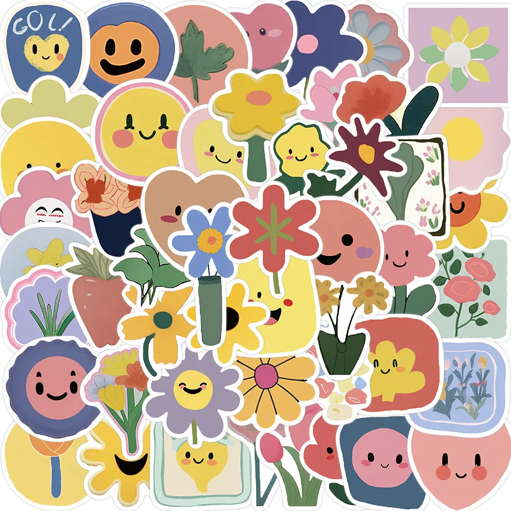 50 Uds. Serie curativa de dibujos animados pequeña flor cara sonriente pegatinas de grafiti adecuadas para casco decoración de pared de escritorio pegatina DIY