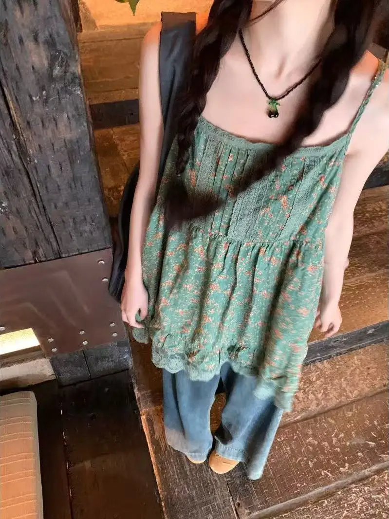 Summer Adjustable Strap Floral Embroidery Cute Forest System Top Women's Loose Fit Breathable Polyester Vest Tank Top