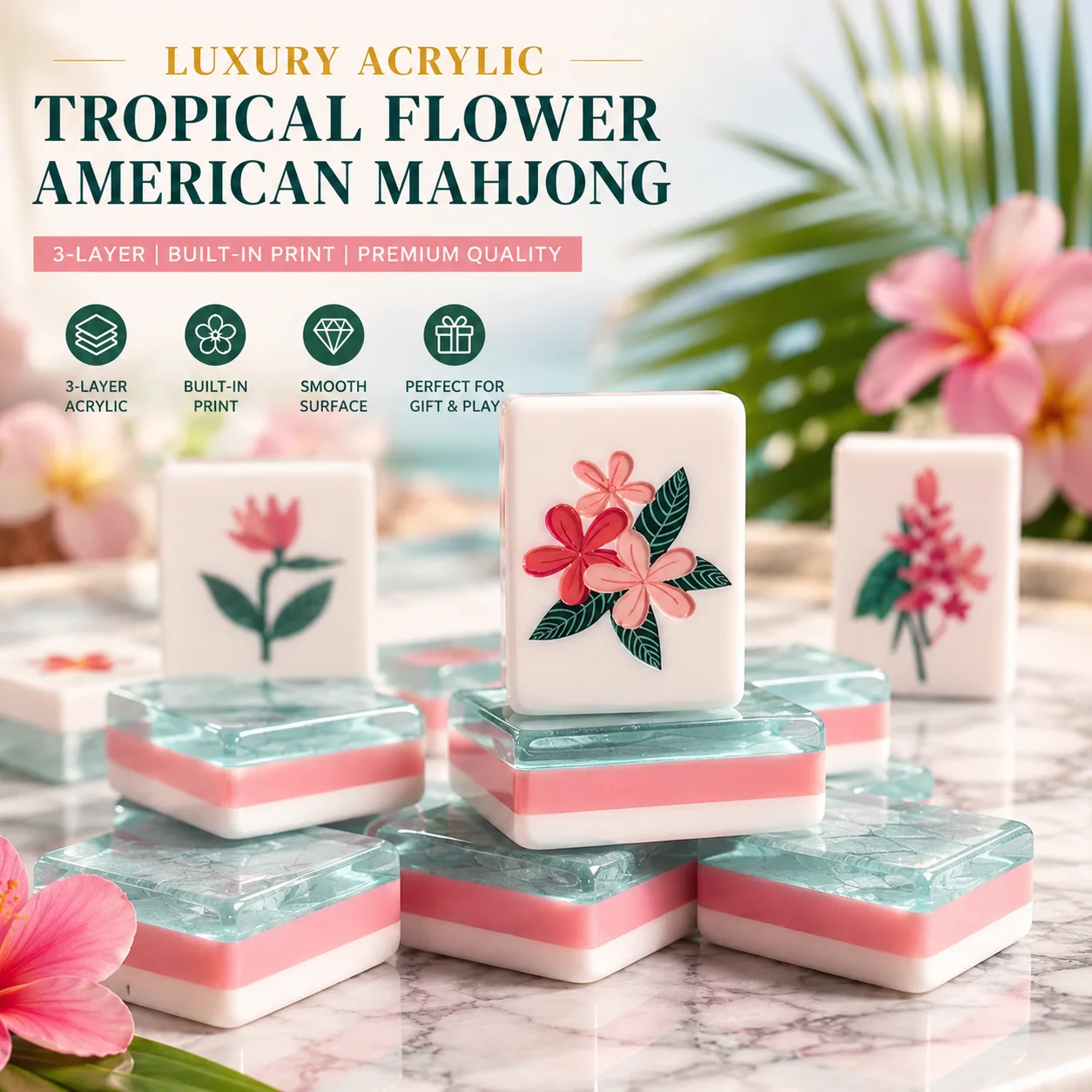 Luxury Acrylic American Mahjong Tiles, Tropical Flower 3-Layer Printed Mahjong Set, Premium Game Tiles for Family Party Gifts