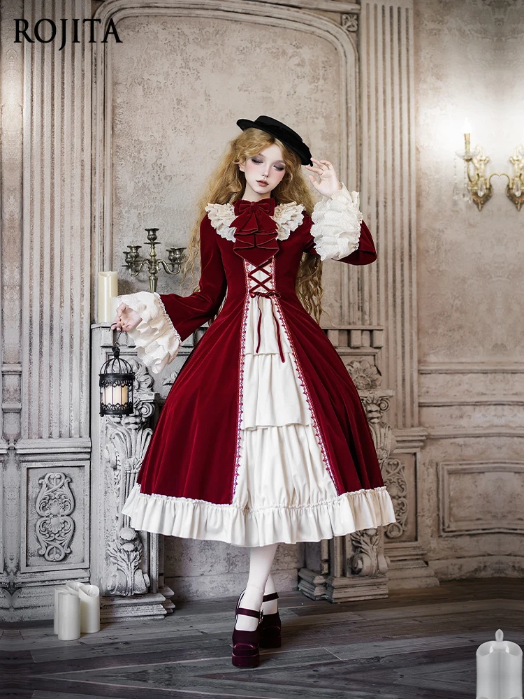 

Round Neck Ruffled Long Red Dress Open Front Ruffle OP Dress Women Autumn Winter LO Bell Sleeve Japanese Vintage Dress