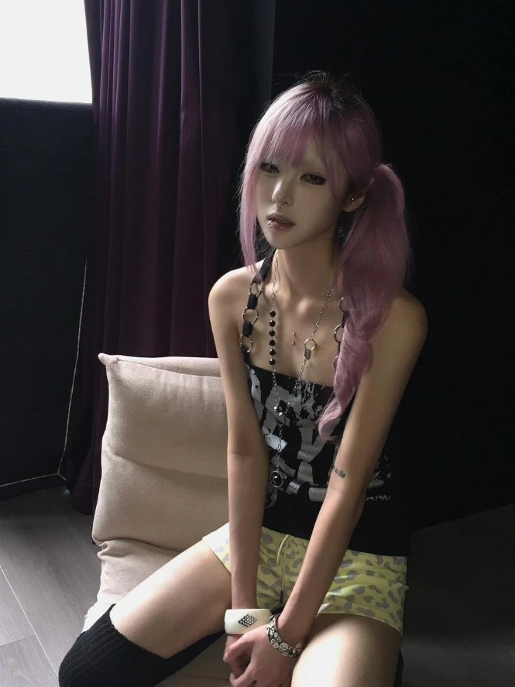 قطع علوية مثيرة للسيدات ملابس الشارع الشهير Y2k جمالية بدون أكمام رسن عتيق بدون ظهر تي شيرت قصير غير رسمي صيفي