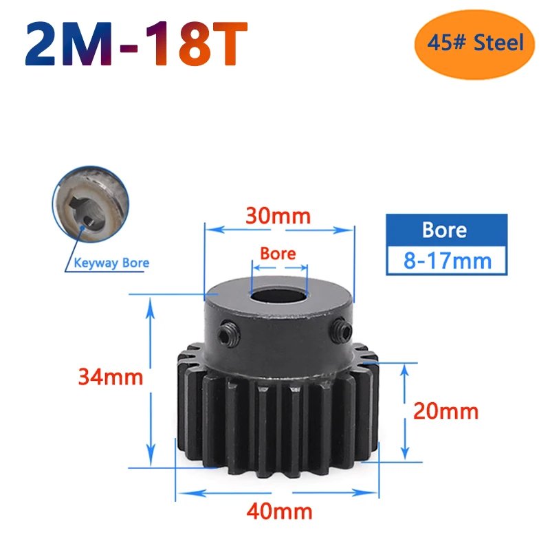 

1pc 18 Teeth 2M Spur Gear with Step 18T 2 Module 45# Steel Transmission Drive Gear Finished Bore 8 10 12 14 15 16 17mm