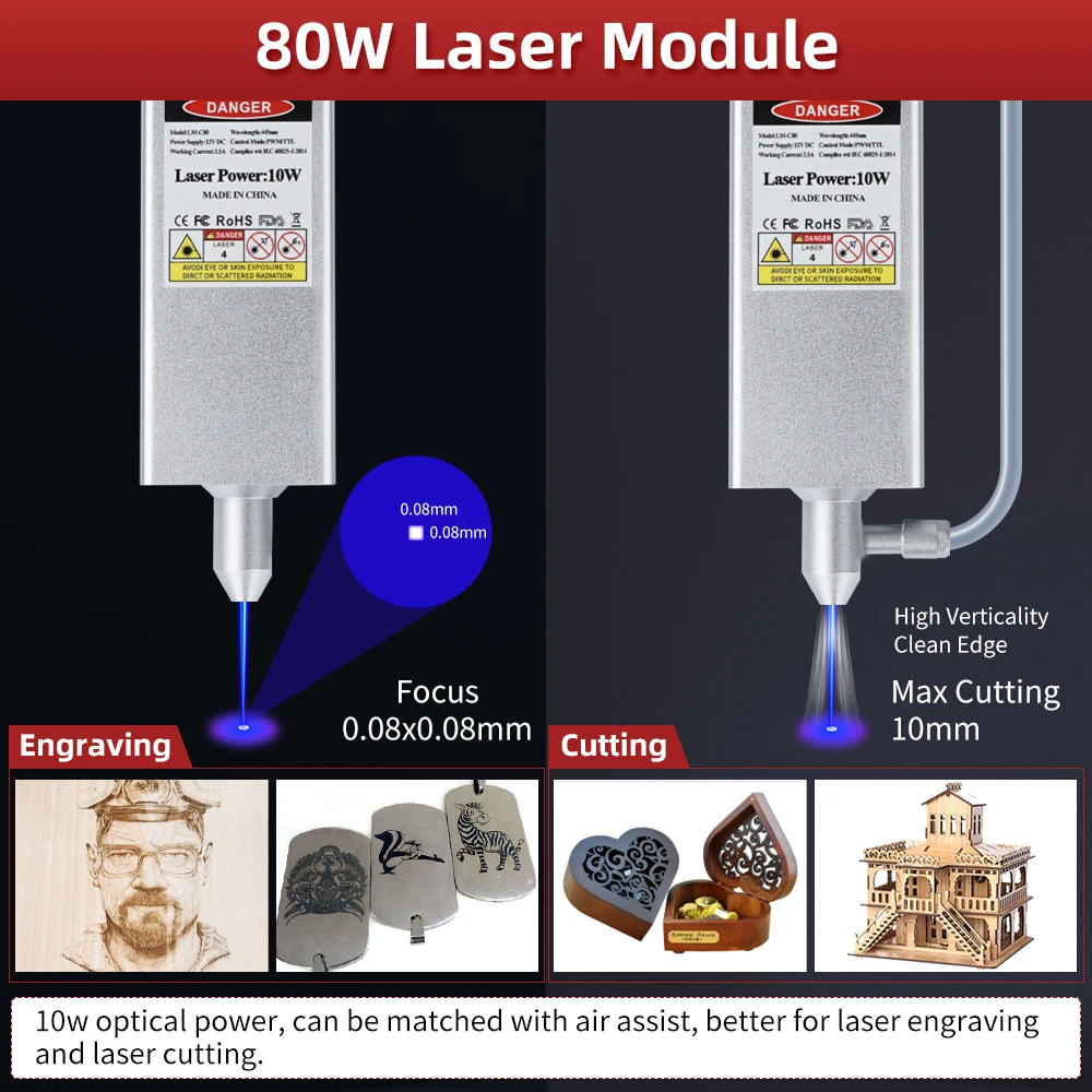 Gravador a laser com controle de aplicativos, Roteador CNC e cortador a laser, Suporte LightBurn, Módulo Laser 10W com Air Assist, 80W, 100x100cm, 2