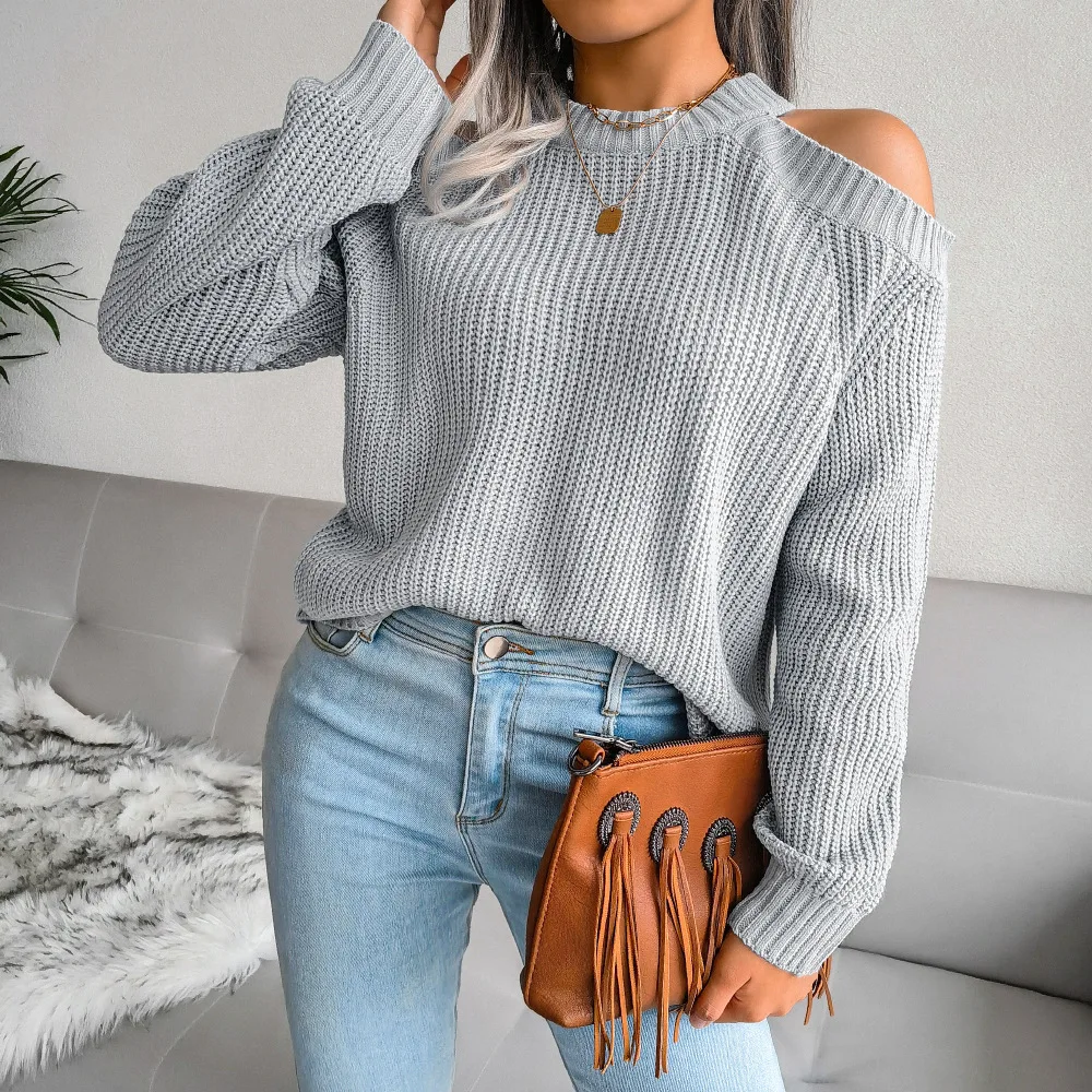 Ficusrong Women Causal Autumn Winter Off The Shoulder Solid Color Loose Knitted Sweater For Ladies Fashion All Match Tops