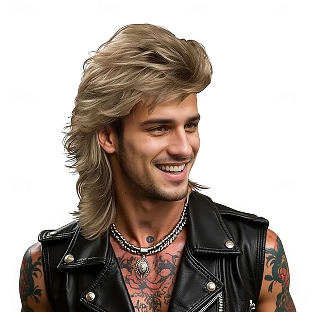 Synthetisches Haar Herren 80er Jahre Rock Mullet Perücke Braune Retro-Frisur für Cosplay Party Vintage Mode – Detail 1