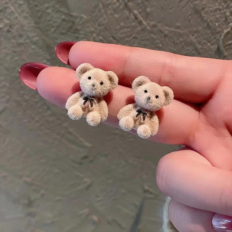 Cute Flocking Plush Bear Stud Earrings image