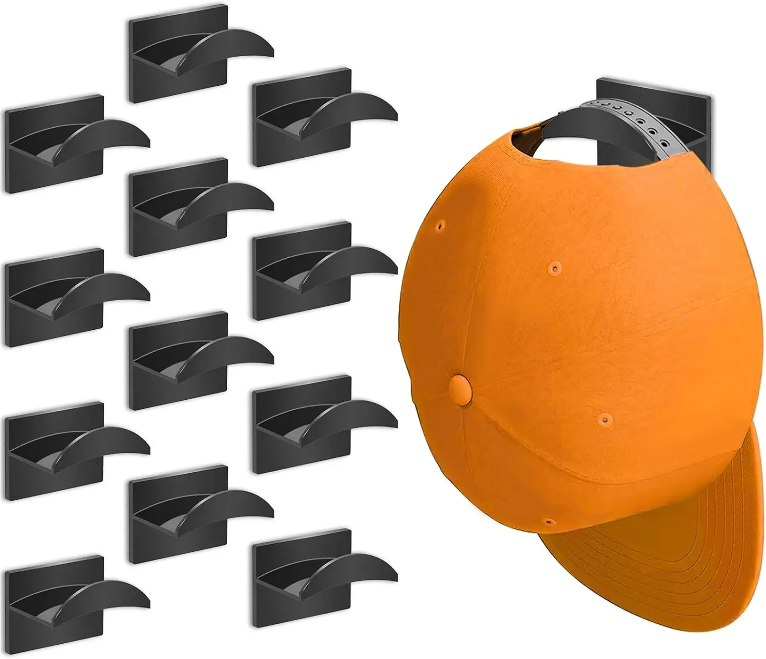 

12 Pcs Adhesive Hat Hooks for Wall - Strong Hold, No Drilling, Minimalist Design, Black