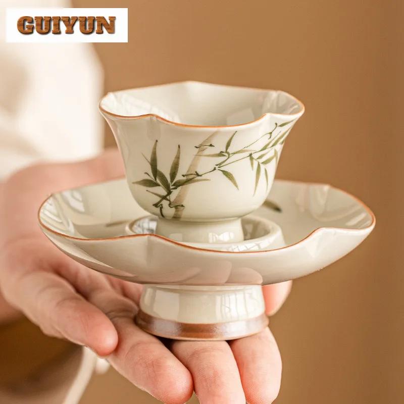 25ml Hand Drawn Green Bamboo Ceramic Teacup Boutique Flower Petals High Footed Cup Dish Set Personal Master Cup Saucer Drinkware