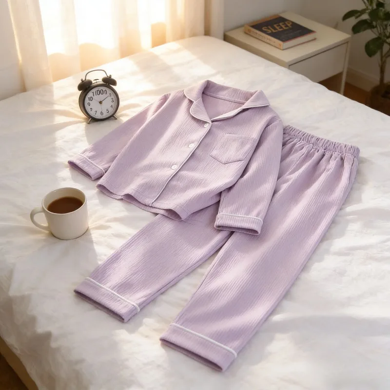 

Детский пижамный комплект для мальчиков и девочек с воротником и длинными рукавами, одежда для сна из двух предметов на осень-зиму