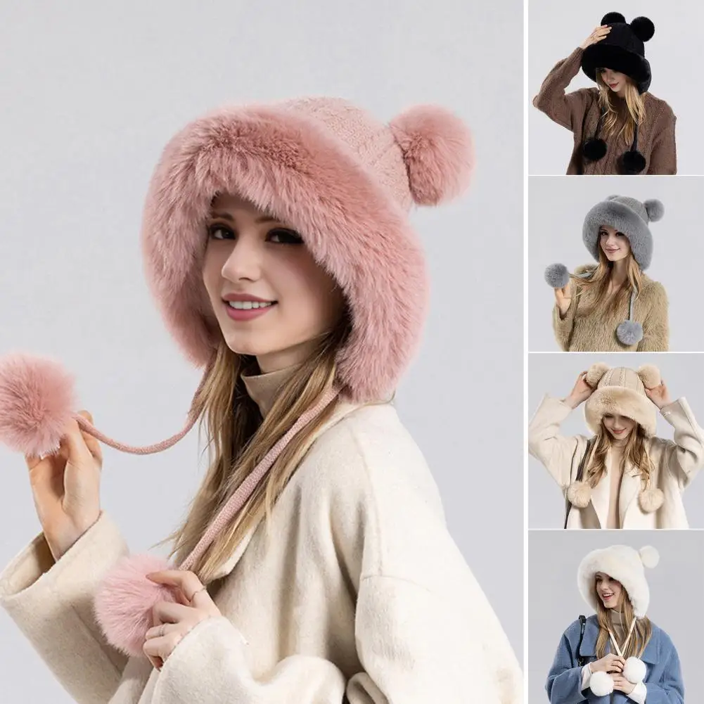 Solid Color Knit Hat Warm Stylish Winter Ladies Hat With Fluffy Plush Heat Retention Ball Decor Ear For Outdoor