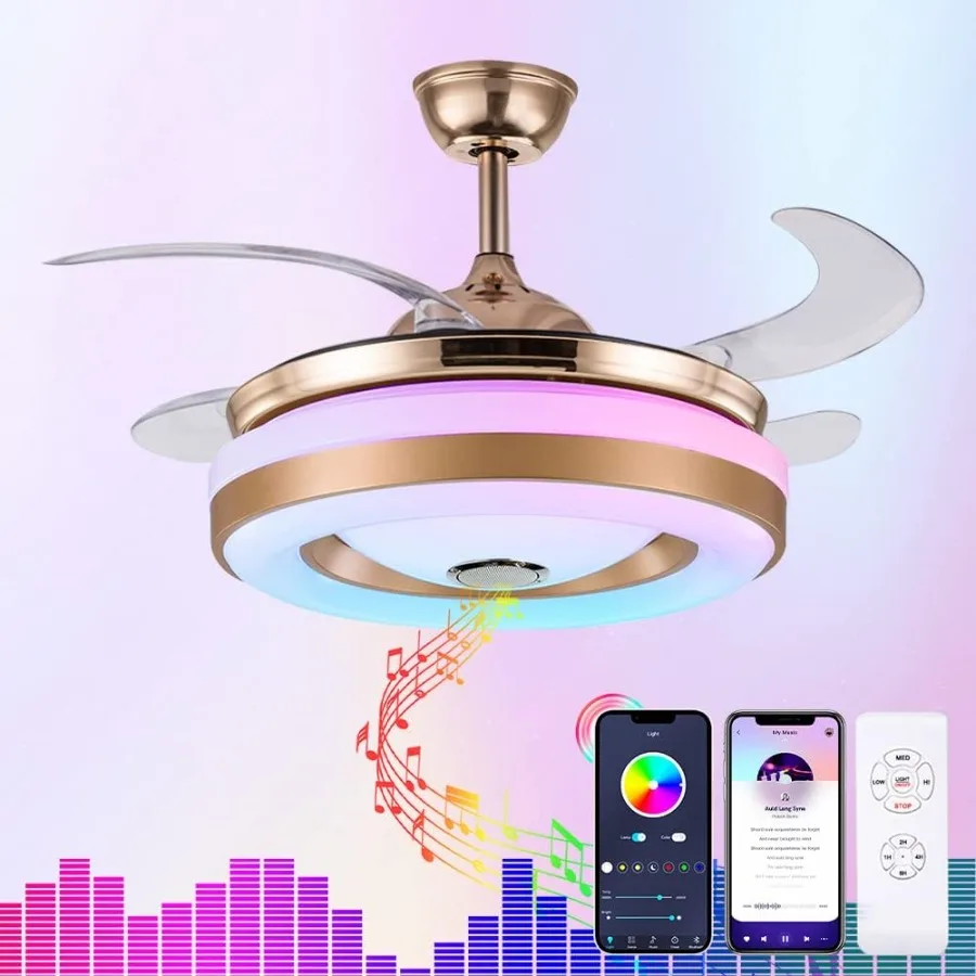 42-inch Ceiling Fan with Built-in LED Light and Remote Control for Indoor Use Modern Hidden Smart Retractable Design Low Profil