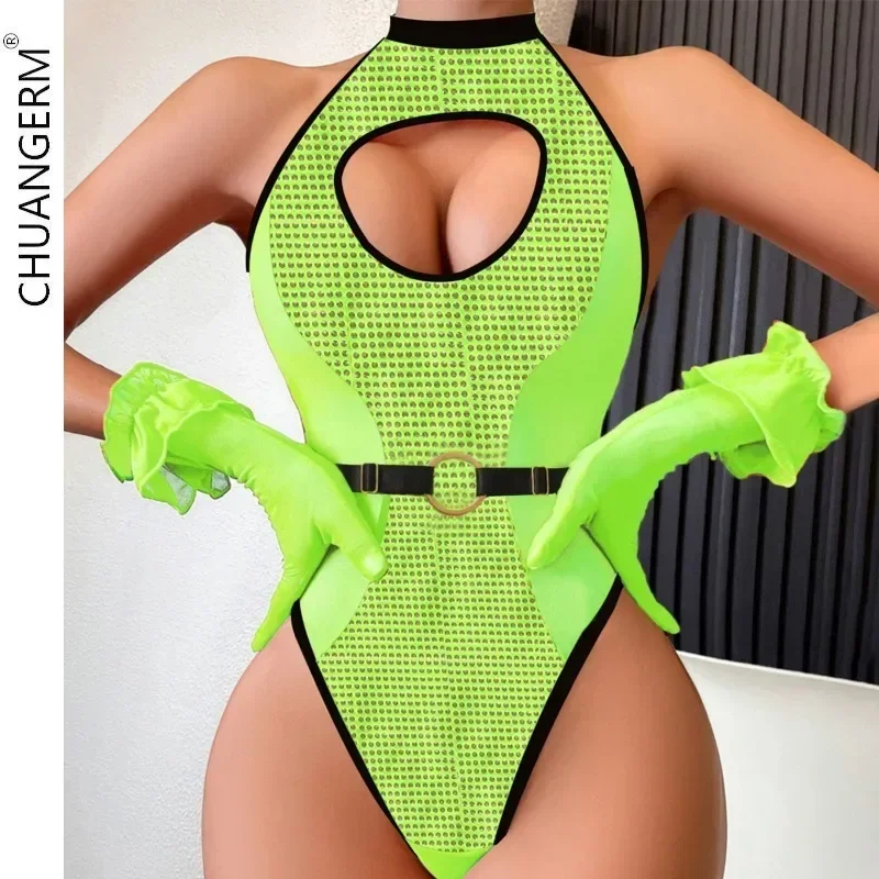 

CHUANGERM Hollow Out Sexy Erotic Bodysuits Halter Sleeveless Ultra-Thin Body Suit Lingerie+Gloves Fancy Wear Outfit Playsuits