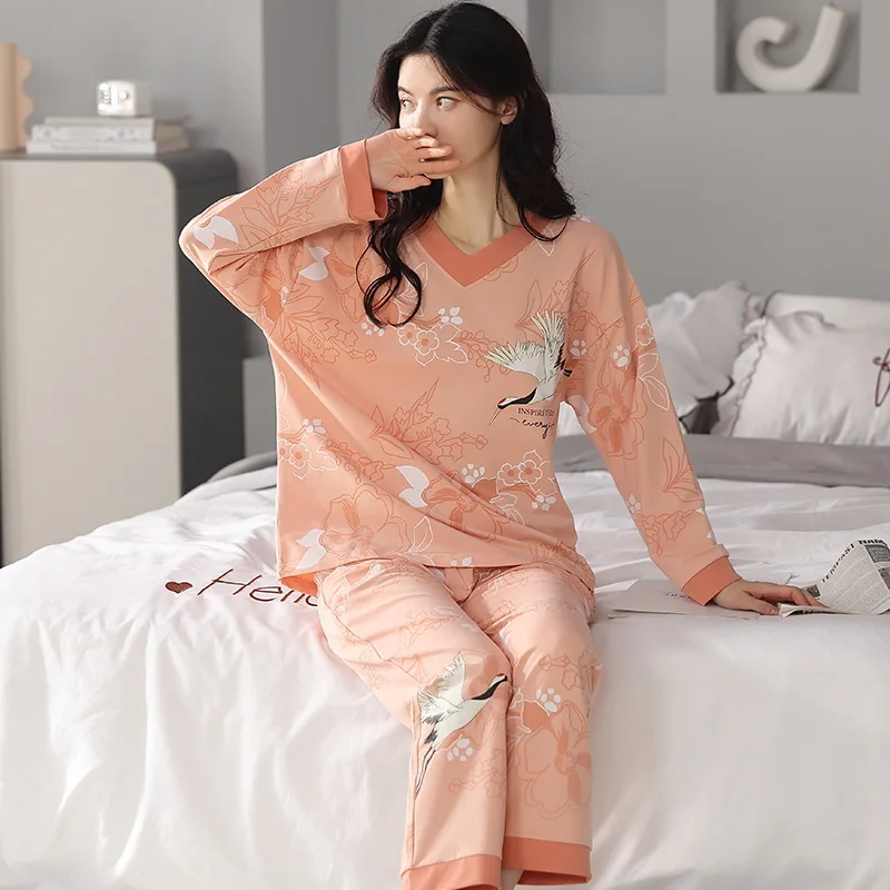 Elegant Ladt Casual Sleepwear Pajamas Set 2Pcs 100% Cotton Shirt&pants Nightwear Print All Season Home Clothes Out Doors Nightie