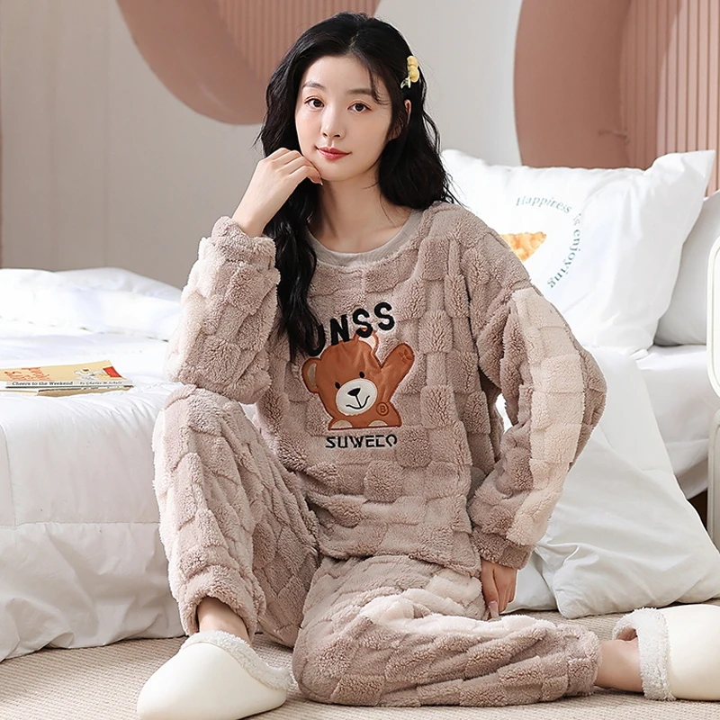 Big Size M-5XL Winter Thick Warm Women Flannel Pajamas Set  Cute Cartoon Homewear Female Nighty