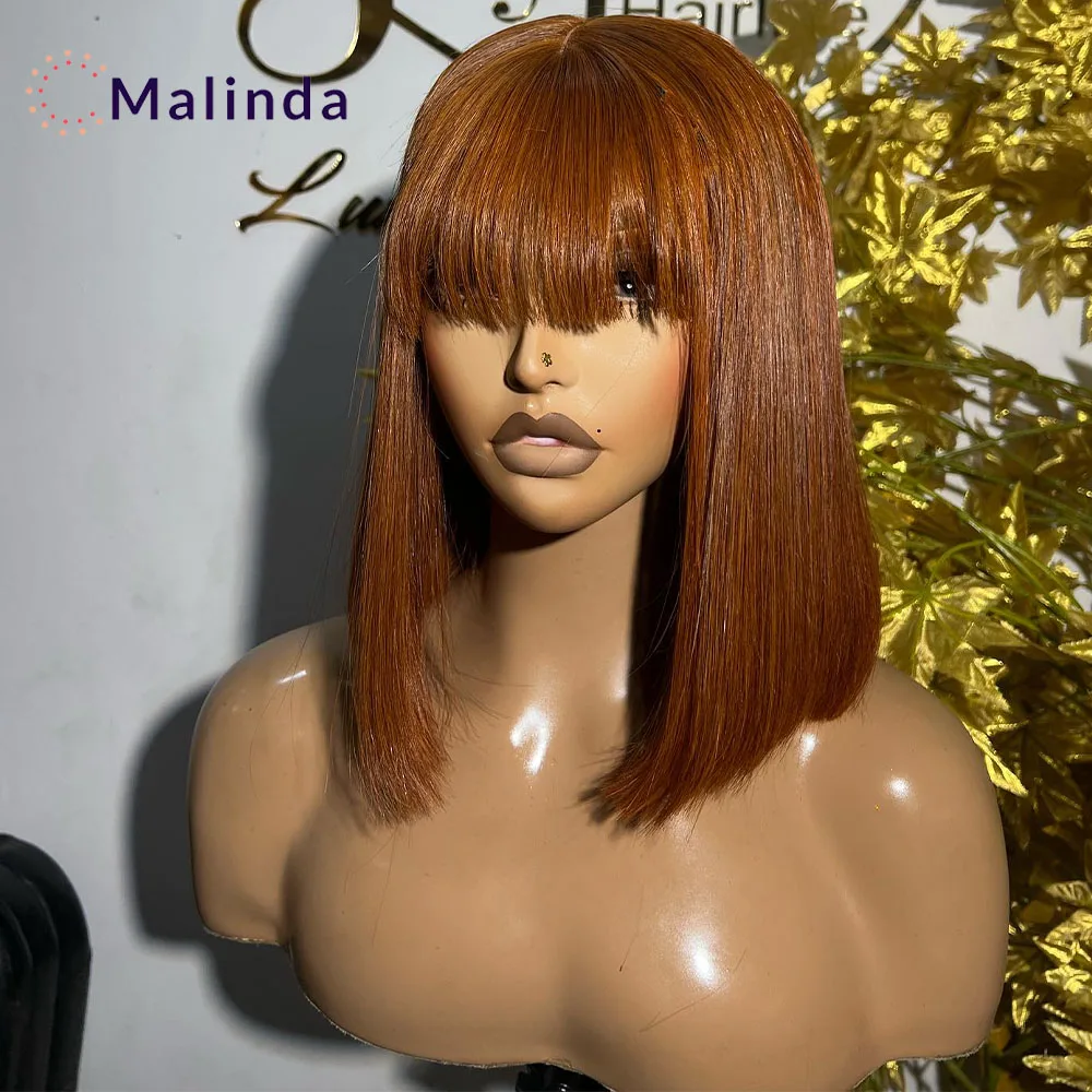 

Straight Transparent Lace Frontal Glueless Wig PrePlucked Human Hair Ready To Wear Ginger Orange Colored Short Bob Wig With Bang