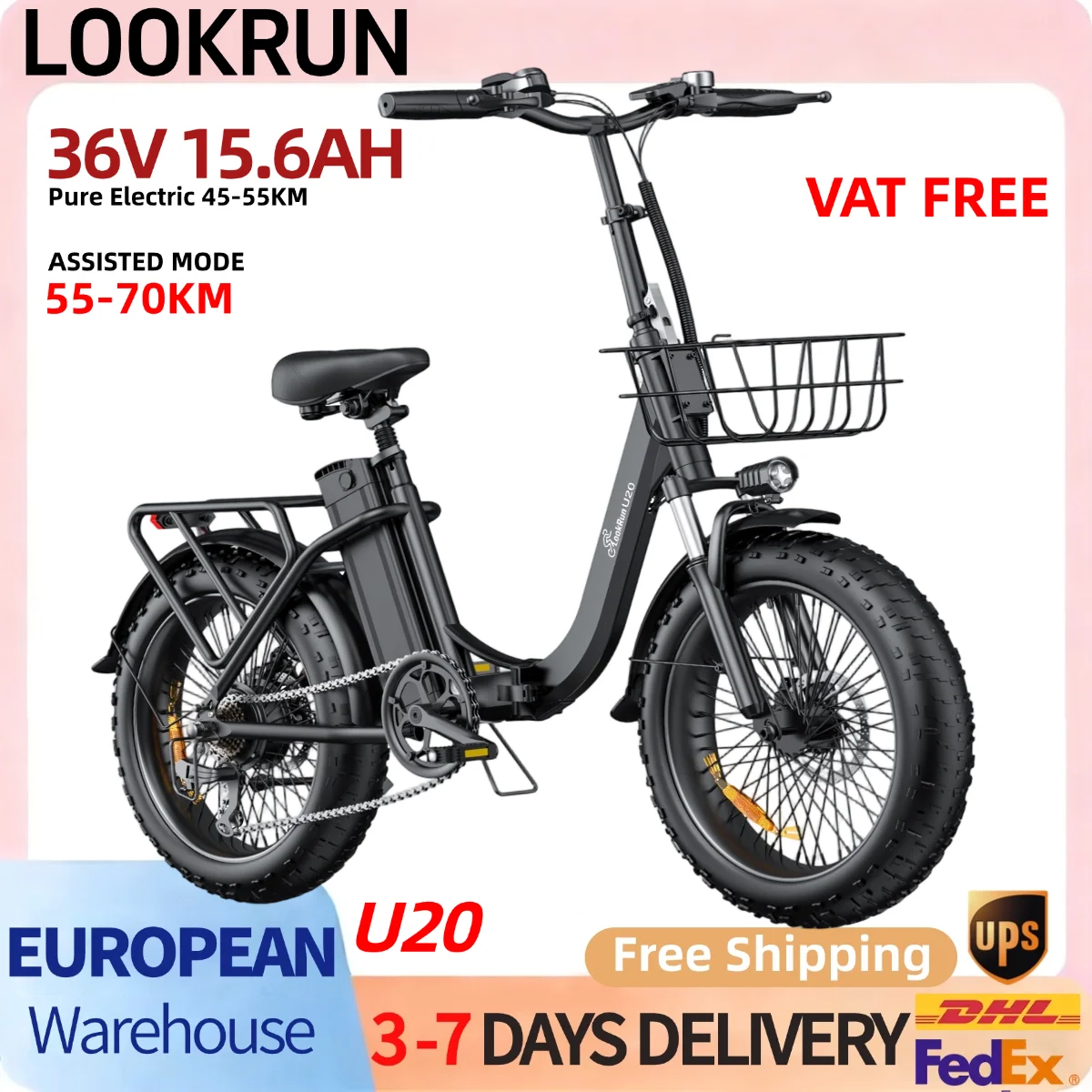 Bicicleta eléctrica para adultos Lookrun U20, 36 V, 15,6 Ah, con neumáticos anchos de 20 x 3 pulgadas, cuadro de aleación de aluminio, 7 modos de asistencia, autonomía de 55 a 70 km, motor sin escobillas, batería de litio, frenos de disco, ideal para uso diario en la ciudad, en terrenos irregulares y para actividades al aire libre. Envío gratuito.