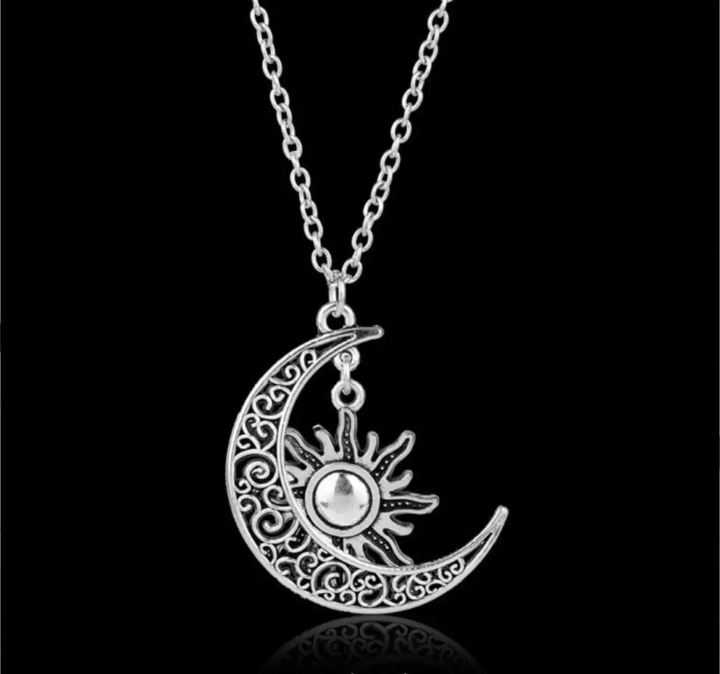 1PC Dropshipping Antique Silver Color 30x40mm Moon Sun Pendant Necklace For Women F1614