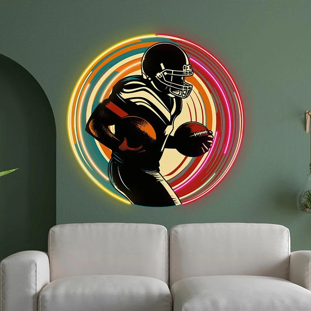 Rugby Player Round Neon Sign Handmade Custom Sports Gym Room Decoration Led Light Playroom Bedroom Wall Hanging Decor Neon Signs