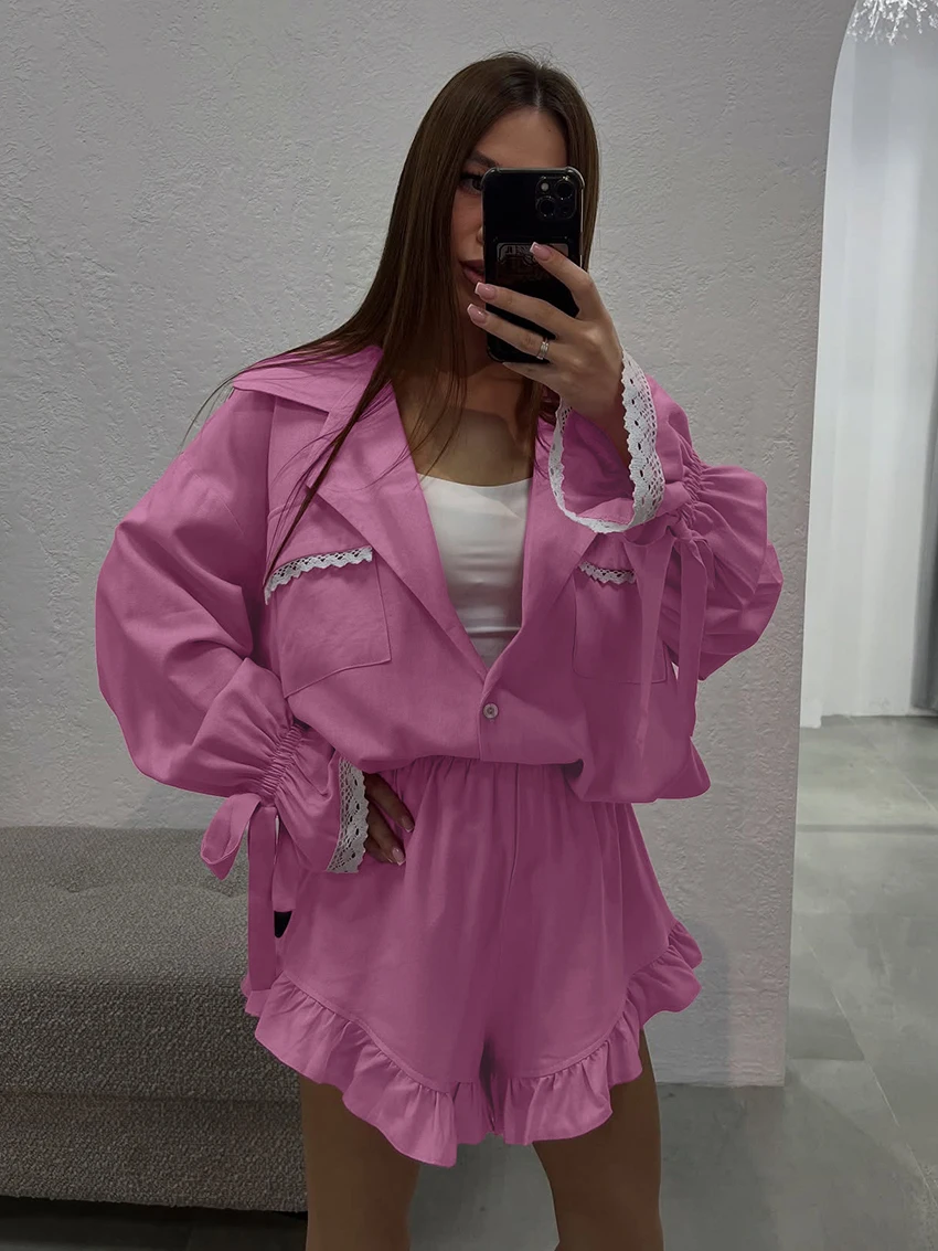 Marthaqiqi Cotton Female Sleepwear 2 Piece Set Long Sleeve Nightgowns Turn-Down Collar Pajamas Shorts Casual Women Home Clothes