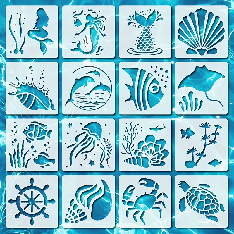 16pcs DIY Mermaid Ocean Turtle Dolphin Spray Painting Stencils Reusable Plastic Templates For Fabric Wood Paper-Craft Supplies
