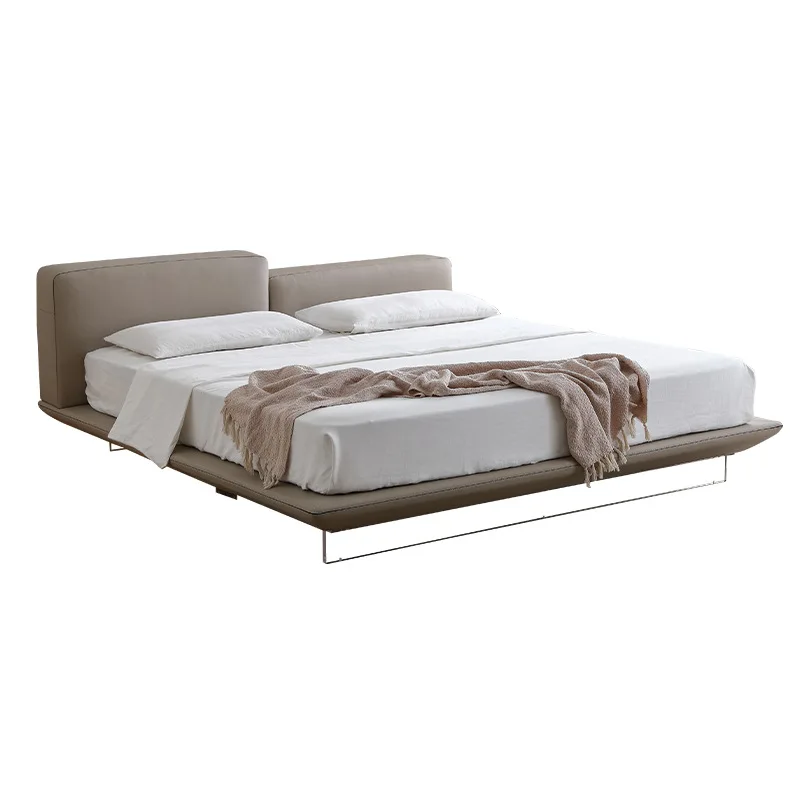 Italian minimalist suspended leather bed high and low bedside master bedroom tofu block soft bag bed