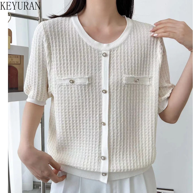 2024 Summer Pink Striped Short Sleeve Sweater Women Ice Silk Knitted T-shirt Vintage O-Neck Pullover Thin Knitwear Tops Jumper