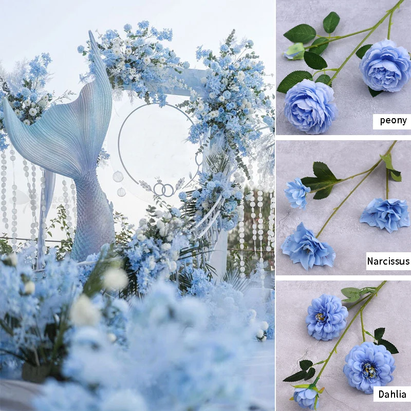 Composizione floreale artificiale per matrimonio blu, fiori decorativi, fiori di seta