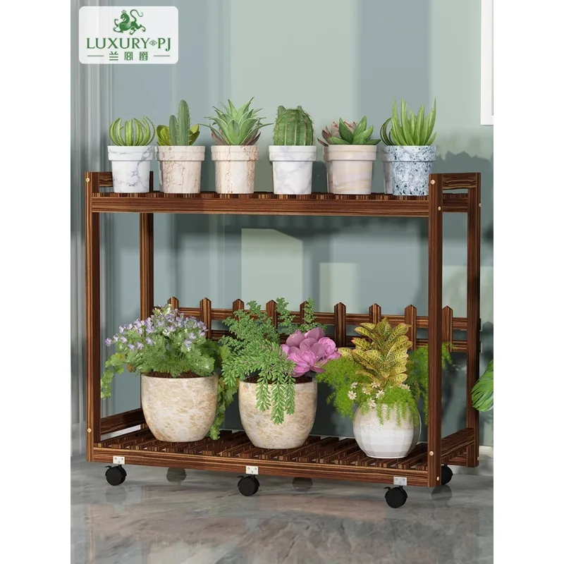 Floor-standing Solid Wood Shelf, Simple Mobile Wheeled Flowerpot, Living Room, Balcony, Meat