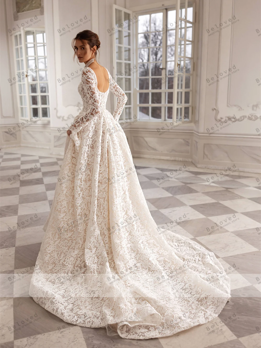 فساتين زفاف أنيقة على شكل حرف A من الدانتيل فساتين زفاف بأكمام طويلة بدون ظهر طول الأرض عتيقة فيستدوس دي نوفيا مخصصة