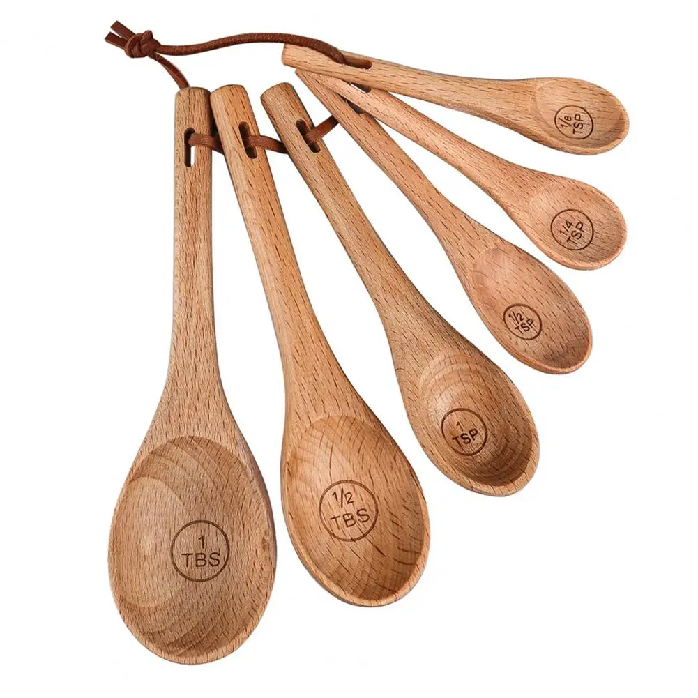 

6Pcs Wood Measuring Spoon with Long Handle,Kitchen Utensil Set,Hanging Hole Essential Baking Cooking Tools