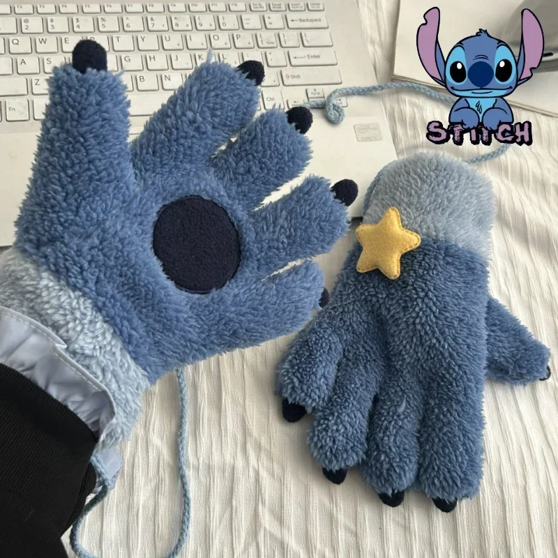 

2024 New Stitch Disney Plush Gloves Anime Cartoon Lilo & Stitch Claws Winter Girl Cute Thickened Warm Mittens Christmas Gift