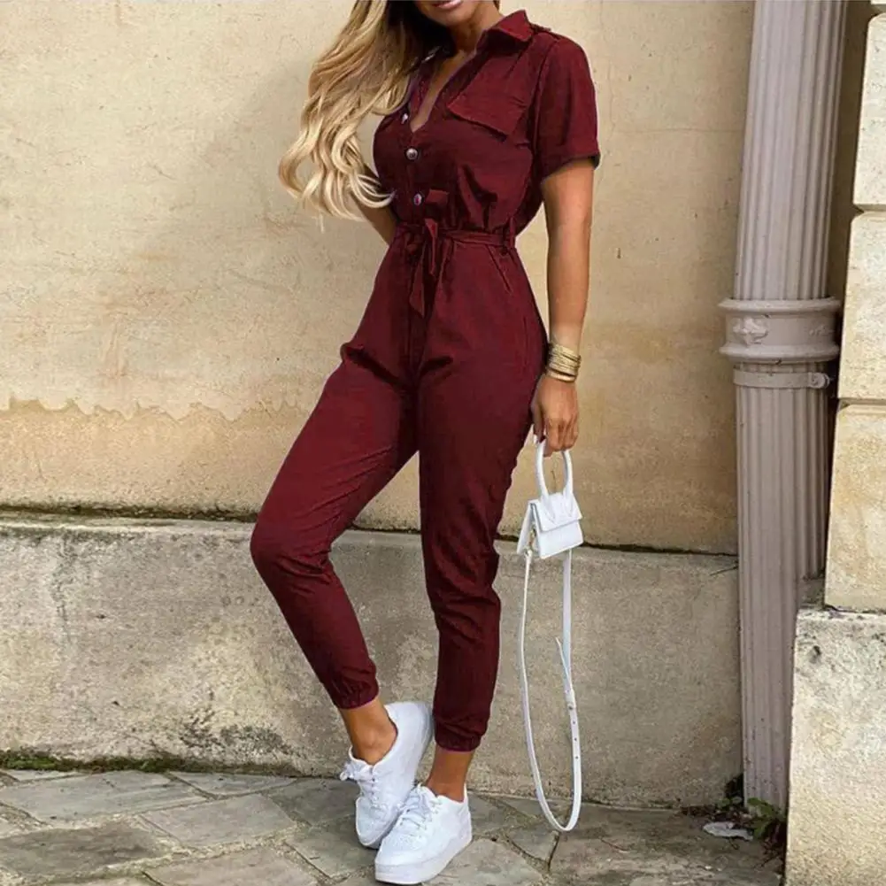 Women's Summer Pants Jumpsuit Casual New Fashion Lapel Short Sleeves Button Printed Belt Tie Workwear Cropped Pants Jumpsuit