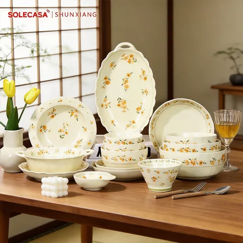 SHUNXIANG French Floral Ceramic Dinnerware Set Tableware Underglaze Color Set Bowl Plate Dish Dining Plate Microwave Safe
