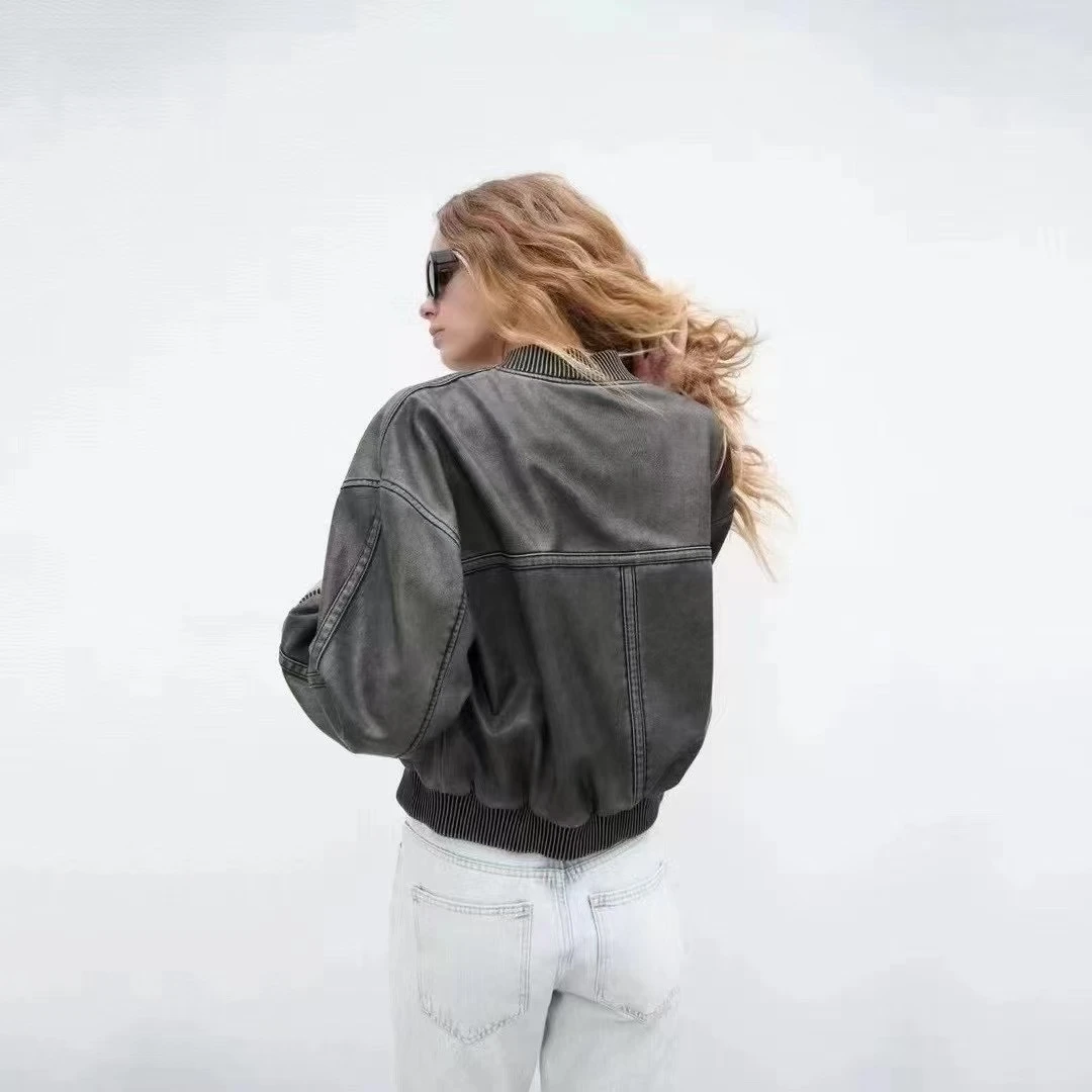 معطف نسائي كاجوال بياقة واقفة من Faionable Retro Pilot Jaet ملابس خارجية مع سحاب من جلد البولي يوريثان طويل بلون Sve