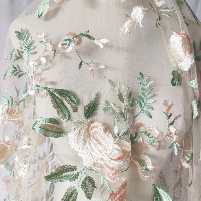 Rose Leaf Embroidered Lace Fabric Encrypted Soft Mesh Embroidered Fabric Color Yellow Green Flower Cloth for Wedding Dress Skirt