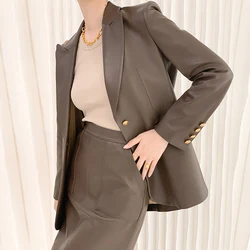 100% Genuine Leather Blazer Jacket Women Fashion Classic One Button Turn-down Collar Office Lady Black Loose Sheepskin Blazer