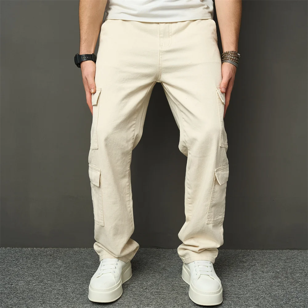 Streetwear Stylish Retro Multi pocket Cargo Men Jeans Male Good Quality Solid Loose Casual Straight Denim Pants