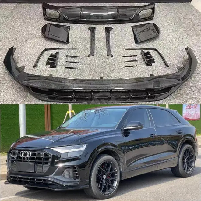 

Комплект из корпуса из настоящего углеволокна для Audi Q8 2018-2023, передний бампер, губа, задний диффузор, ветровой нож, боковая юбка, спойлер, выхлопной наконечник