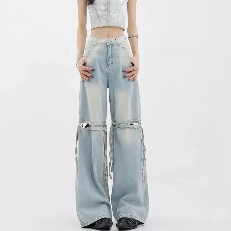 Qweek Y 2K Baggy Gescheurde Jeans Vrouwen Vintage Harajuku America Hoge Taille Zwarte Denim Broek Koreaanse Streetwear Broek Met Wijde Pijpen