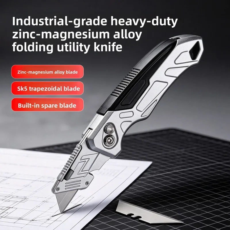 Folding Heavy-Duty Utility Knife, Non-Slip Aluminum Handle, Trapezoidal Blade, Box Cutter & Carpet Cutting Knife